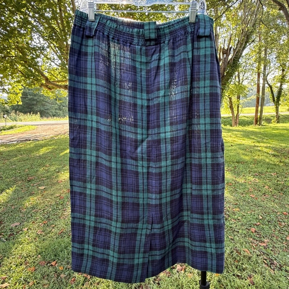 J. Peterman VTG Black Watch Plaid Linen Midi Skirt Blue Green Tartan Pockets 16